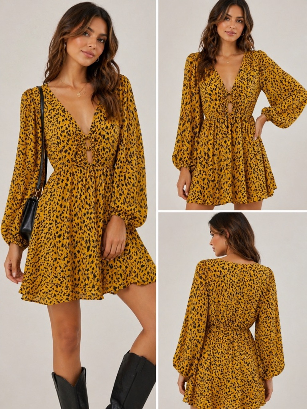 AFRM Leopard Print Mini Dress Mustard Yellow Long Sleeve Size L